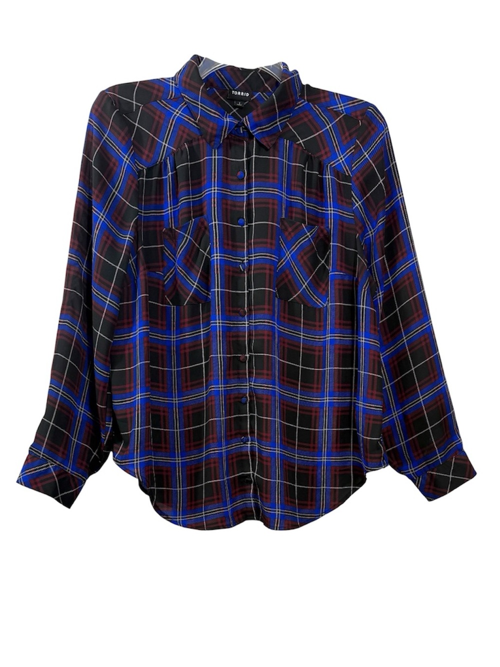 Torrid Plaid Button Front Blouse Size 1 1X Cobalt Blue Burgundy Lightweight